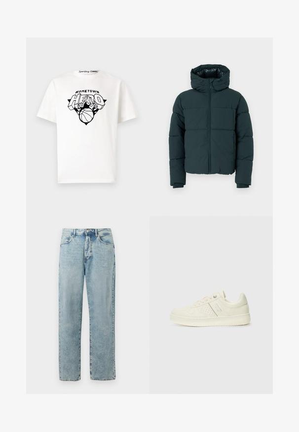 Tmavozelená puffová bunda s kapucňou, ktorá má predný zips, prešité panely a rebrované manžety. Hladký povrch a polstrovaná textura.; Biely bavlnený tričko s čiernym grafickým potlačou, na ktorej je nápis "HOMETOWN HERO", plamene a dizajn basketbalovej lopty umiestnený na prednej strane.; Svetlo modré džínsy s rovnými nohavicami, s uzáverom na gombík a zips, predné vrecká a jemne vybledlé detaily.; Krémová teniska s perforovanými detailmi, šnúrkami a logom na boku, vystavená na jednoduchej bielej pozadí.
