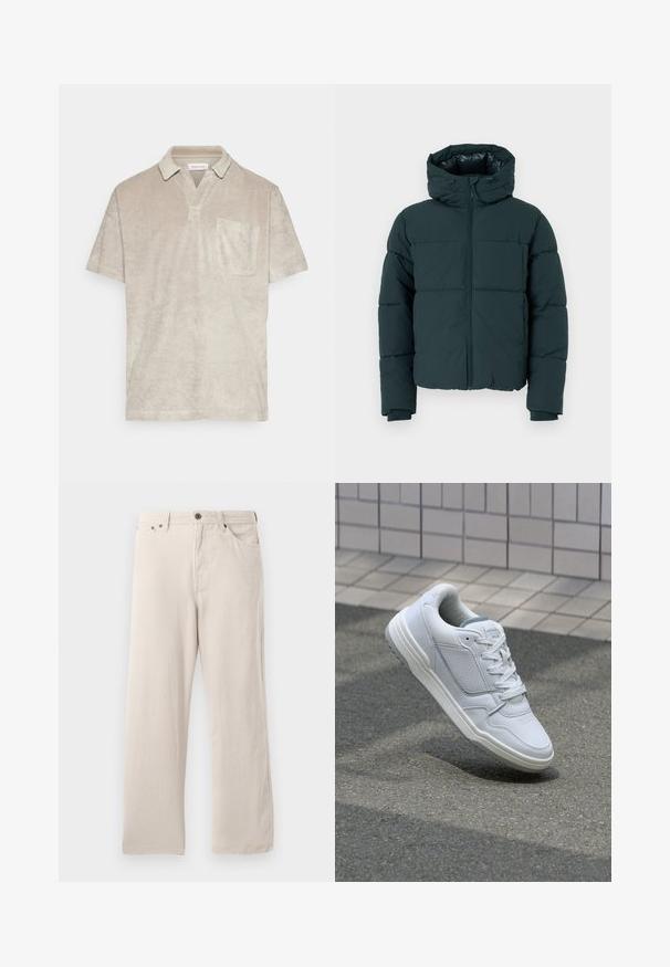 Tmavozelená puffová bunda s kapucňou, ktorá má predný zips, prešité panely a rebrované manžety. Hladký povrch a polstrovaná textura.; Béžové polo tričko s krátkym rukávom vyrobené z mäkkej, textúrovanej tkaniny, s golierom a jednou náprsní kapsou.; Béžové kordové nohavice s rovný strihom, s ryhovanou textúrou, päť vreckami a zapínaním na gombíky.; Biele kožené tenisky s perforovanými stranami, textúrovanými akcentmi, plochými šnúrkami a kontrastnou sivou pätou. Majú mierne zvýšenú podrážku.