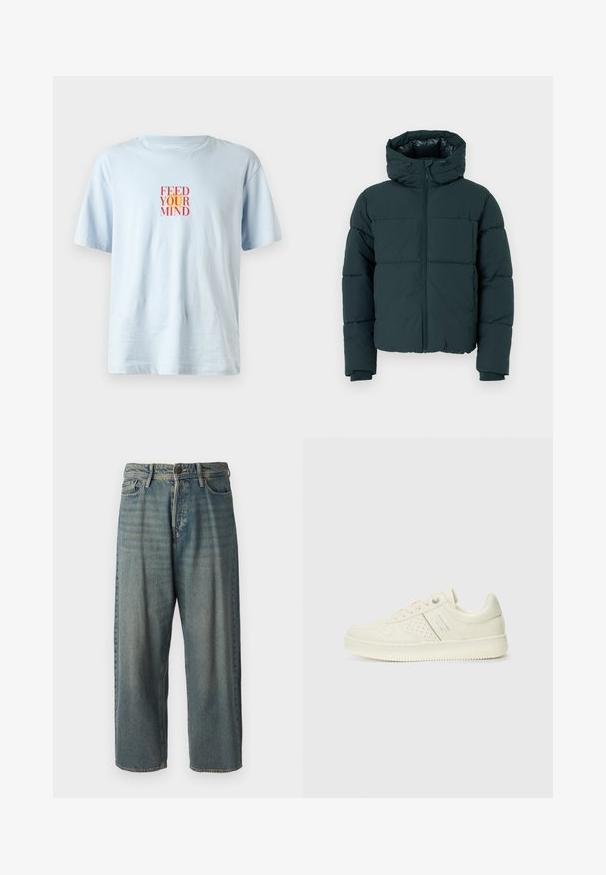 Tumši zaļš pūkains jaka ar kapuci, ar priekšējo rāvējslēdzēju, šūtām daļām un ribota apakšmalu. Gluda apdare un pamatots audums.; Gaiši zils kreklu ar apaļo kakla izgriezumu, izgatavots no mīkstas auduma, ar izteiksmīgu sarkanu un oranžu grafiku, kas uzdrukāta uz priekšpuses ar tekstu "BARO SAVU PRĀTU".; Gaiši zili džinsi ar brīvu piegriezumu, vidējo jostas augstumu un taisnām kājām. Satur piecas kabatas, jostas cilpas un pogu aizdari.; Krēmbaltie sporta apavi ar perforētu detaļām, auklām un logotipu sānos, attēloti uz vienkārša baltā fona.