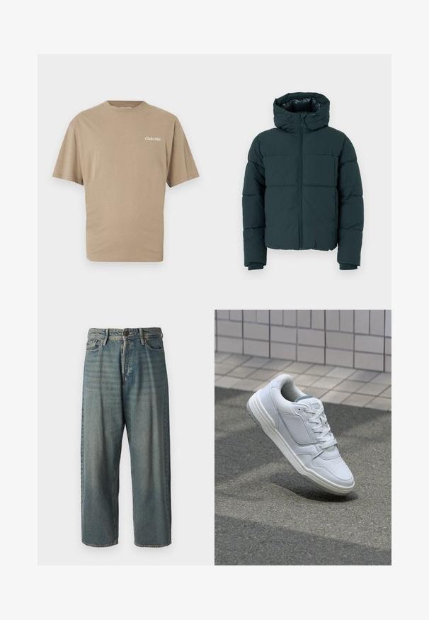 Tume rohelise värvi puhvjakate koos kapuutsiga, ees on lukuga, õmmeldud paneelid ja soonikkoes varrukad. Sile viimistlus ja pehme tekstuur.; Beež puuvillane T-särk lühikeste varrukatega ja ümmarguse kaelusega. Vasakul rinnal on valge kiri "Club1990". Sile tekstuur, tavaline lõige.; Heledad sinine denim-stiilis teksad, volüümse lõike, keskmise kõrgusega talje ja sirgete säärega. Omab viit taskut, vöökumme ja nööpide sulgemist.; Valge nahkne toss, millel on perforeeritud külgedega, tekstuuriga aktsendid, lame pael ja kontrastne hall konts. Omab veidi tõstetud tallat.