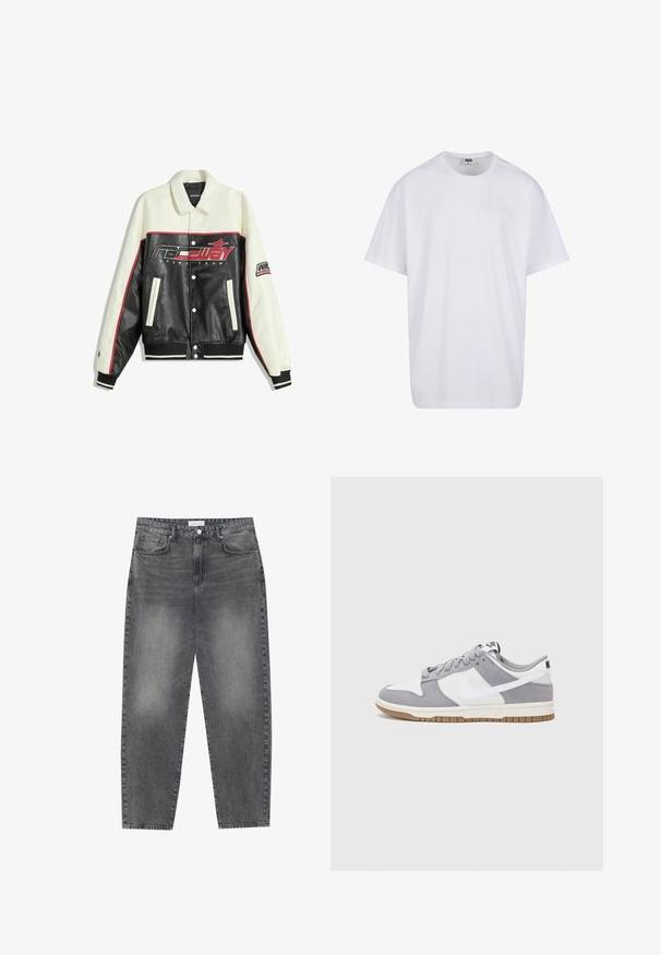 Svart och krämfärgad läderjacka med en kontrasterande röd rand, med en framträdande "Raceway"-logotyp, tryckknappar och två sidofickor.; Vit bomull t-shirt med korta ärmar, rundad halsringning, avslappnad passform och utan synliga logotyper eller mönster. Slät textur och minimal design.; Högmidjade, löst sittande jeans i blekt svart denim. Inkluderar fem fickor, bälteshällor och en ren, rak ben-design.; Grå och vit sneakers med överdel i mocka och läder, rund tå, platta snören och en gummisula med ett accent i gummi.