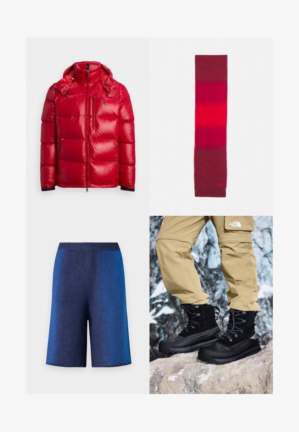 Red puffer jacket with a shiny nylon exterior, padded sections, high collar, detachable hood, and zippers on pockets and front.; Red, short-sleeve sweater with a V-neck. Soft texture featuring a gradient from dark to light red. Minimalist design, no visible hardware.; Navy blue shorts with a textured finish, featuring a straight cut and a seamless waistband, designed for comfort and a casual look.; Black waterproof boots with a textured suede upper, reinforced toe, and rubber sole. Paired with khaki, zippered hiking pants.; Knit scarf featuring a gradient from deep red to bright pink, with a smooth texture and subtle branding in the lower corner.