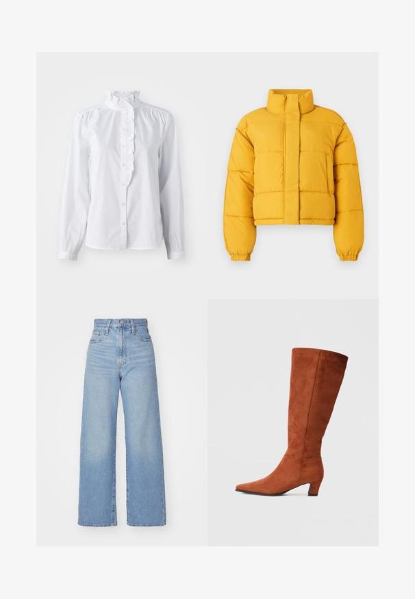 Casaco puffer amarelo cortado com gola alta, apresentando um fecho frontal e punhos elásticos. O tecido parece suave com secções acolchoadas.; Camisa branca de botão com mangas longas, gola alta com franzido e detalhe de pregas verticais à frente. Tecido de algodão leve.; Jeans de cintura alta e perna larga em azul claro, com fecho frontal de botão e zíper, bolsos frontais e traseiros, sobre um fundo branco.; Bota alta de camurça castanha com biqueira fina e um pequeno salto quadrado, apresentando uma textura suave e um design minimalista.