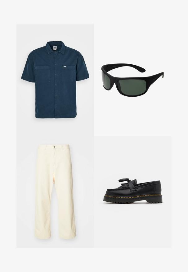 Veste coupe-vent bleue et noire avec un motif en chevron blanc et bleu, fermeture éclair, poignets élastiques et poches latérales. Logo Adidas affiché.; Chemise à manches courtes en coton, de couleur navy, avec un col, deux poches poitrine et une petite étiquette sur le côté gauche.; T-shirt en coton blanc avec un graphisme imprimé noir et rouge représentant un ballon de football et des noms de villes. Manches courtes, col rond.; Pantalons large en coton de couleur crème, avec une fermeture à bouton, des passants de ceinture et un ourlet cousu. Texture lisse, sans motifs visibles.; Mocassin en cuir noir avec un accent à frange, doté d'une semelle épaisse noire et d'une couture jaune le long du bord. Fini texturé.; Lunettes de soleil noires entourantes avec des verres vert foncé. Fini mat, design incurvé, avec des branches droites et un logo discret sur le côté.