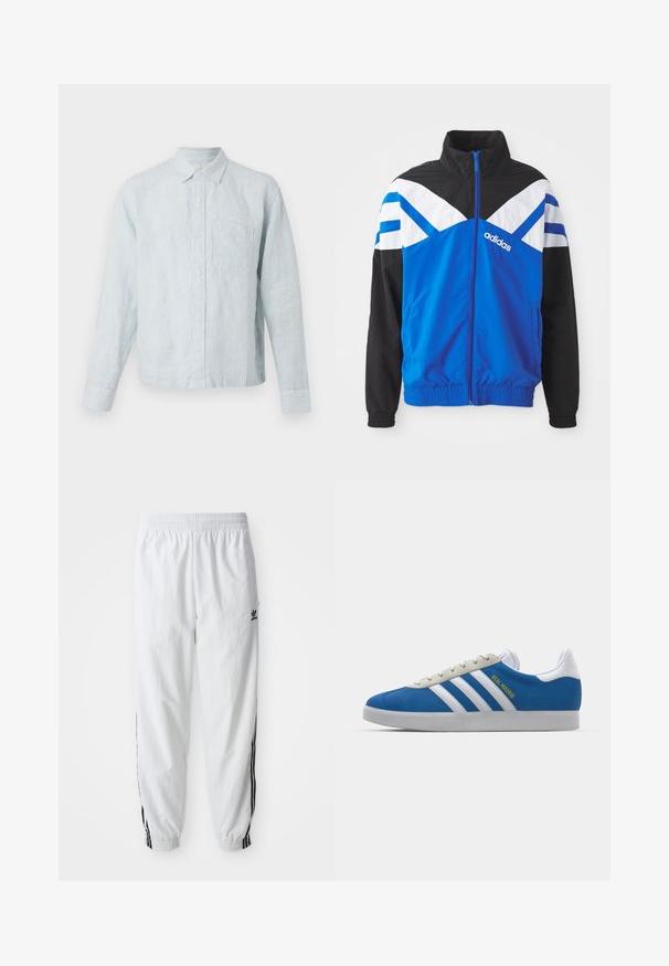 Veste coupe-vent bleue et noire avec un motif en chevron blanc et bleu, fermeture éclair, poignets élastiques et poches latérales. Logo Adidas affiché.; Chemise boutonnée à rayures bleu clair avec manches longues, poche poitrine unique et col classique, fabriquée en un tissu doux et texturé.; Pantalon de sport blanc avec des bandes noires sur les côtés, taille élastique et bords-côtes ; présente le logo Adidas sur la cuisse gauche. Texture de tissu lisse.; adidas Originals ADIDAS GAZELLE SHOES - Chaussures de football en salle - real madrid/bluebird/footwear white/crew yellow