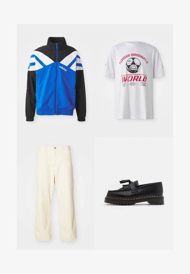 Kék és fekete szélálló dzseki fehér és kék cseppvonallal, cipzáros záródás, rugalmas mandzsetta és oldalsó zsebek. Az Adidas logo látható.; Fehér pamut póló, nyomtatott fekete és piros grafikával, amelyen egy focilabda és városnevek láthatók. Rövid ujjú, kerek nyakú dizájn.; Tejbevonatos, széles szárú, krémszínű pamut nadrág gombos záródással, övhurkokkal és varrott szegéllyel. Simaszövetű, minta nélkül.; Fekete bőr mokaszin, rojtos díszítéssel, masszív fekete talppal és sárga varrással az élén. Texturált felület.