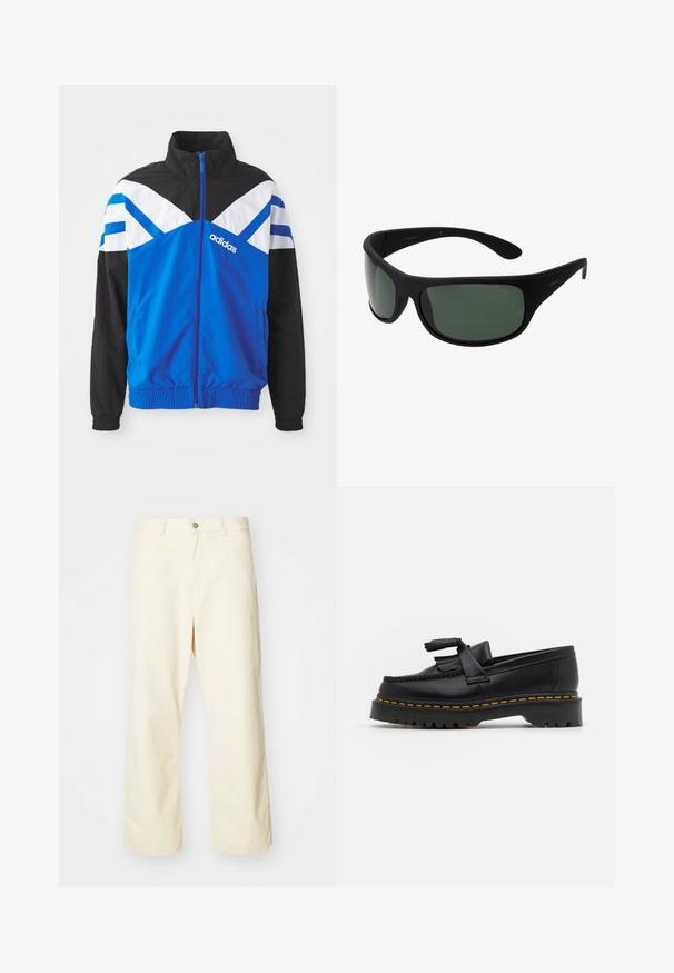 Sinine ja must tuulejope, millel on valge ja sinine v-tähe muster, tõmblukuga sulgemine, elastsed mansetid ja küljetaskud. Adidas logo on nähtaval.; Valge puuvillane T-särk, millel on trükitud must ja punane graafika jalgpallest ja linnade nimedest. Lühikesed varrukad, ümar kaelus.; Koorevärvi, laiad puuvillased püksid, millel on nööbiga kinnitamine, vöökoha aasad ja õmmeldud äär. Sile tekstuur, ilma nähtavate mustriteta.; Mustmust musta loafer, millel on frantsiisi aktsent, paks must tald ja kollane õmblus servas. Tekstuuriga viimistlus.; Mustad mustasviruliste läätsedega prillid. Matu viimistlus, kumer disain, sirged käed ja diskreetne bränding külgedel.