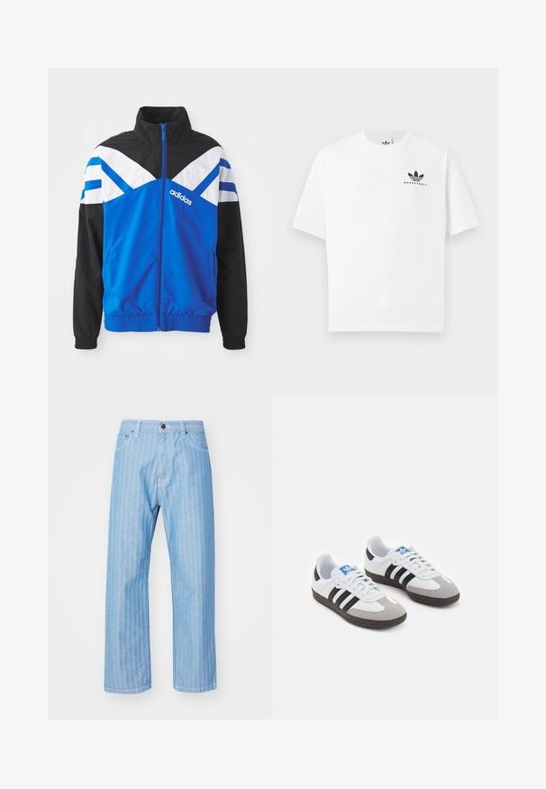 Sininen ja musta tuulipuku takki, jossa on valkoinen ja sininen chevron-kuvio, vetskari suljenta, joustavat hihansuut ja sivutaskut. Adidas-logo esillä.; Valkoinen puuvillainen t-paita lyhyillä hihoilla, jossa edessä musta "BASKETBALL" -logo ja ikoninen kolmonen raidallinen kuvio.; Vaaleansiniset farkut, joissa on pystysuora raitakuosi, suora lahkeensuula, napitus ja valkoinen tikkaus.; Urheilukengät, joissa on valkoinen nahkainen päällinen, harmaa mokkanokka ja kolme mustaa raitaa. Ominaisuuksina sininen logo kielekkeessä ja kuvioitu kumipohja.
