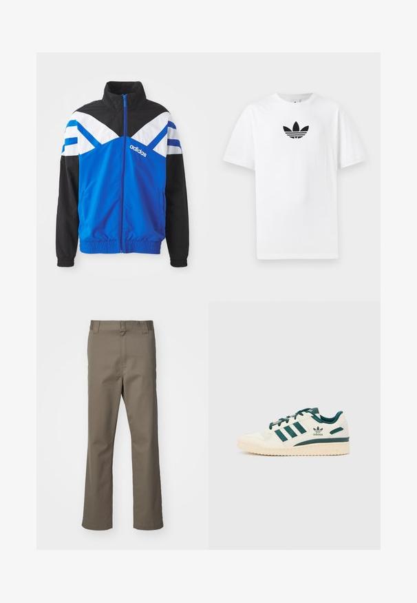 Zila un melna vēja pārsegs ar baltu un zilu zigzaga rakstu, ar rāvējslēdzēja aizdari, elastīgām piedurknēm un sānu kabatām. Adidas logo redzams.; Balta kokvilnas T-kreklu ar melnu Adidas logo centrā. Īsas piedurknes un apaļas kakla izgriezums. Gluda tekstūra.; Brūni taisni bikses ar jostas cilpām, priekšējo rāvējslēdzēju un bez redzamām kabatām, attēlotas uz baltā fona.; Balta sporta apavi ar zaļiem akcentiem. Aprīkoti ar trim zaļām svītrām, struktūrizētu purna daļu un logo uz sāna. Gumijas zole ar tekstūru rakstu.