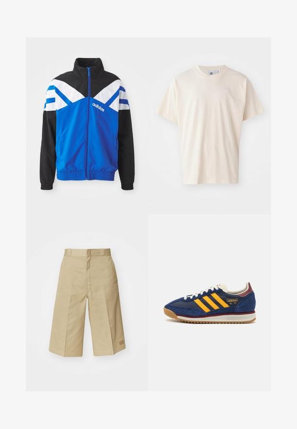 Casaco corta-vento azul e preto com padrão em chevron branco e azul, fecho de zip, punhos elásticos e bolsos laterais. Logótipo da Adidas exibido.; T-shirt de algodão creme com decote redondo e mangas curtas; apresenta um pequeno logotipo de cor clara no peito.; Culotes de algodão bege com um design tailored, apresentando uma cintura alta, pregas e costura visível. Inclui um pequeno logotipo na bainha.; Sneaker de camurça azul-marinho com riscas amarelas, atacadores brancos e realces em bordeaux. Sola texturizada com relevos para aderência. Logótipo da marca de lado.