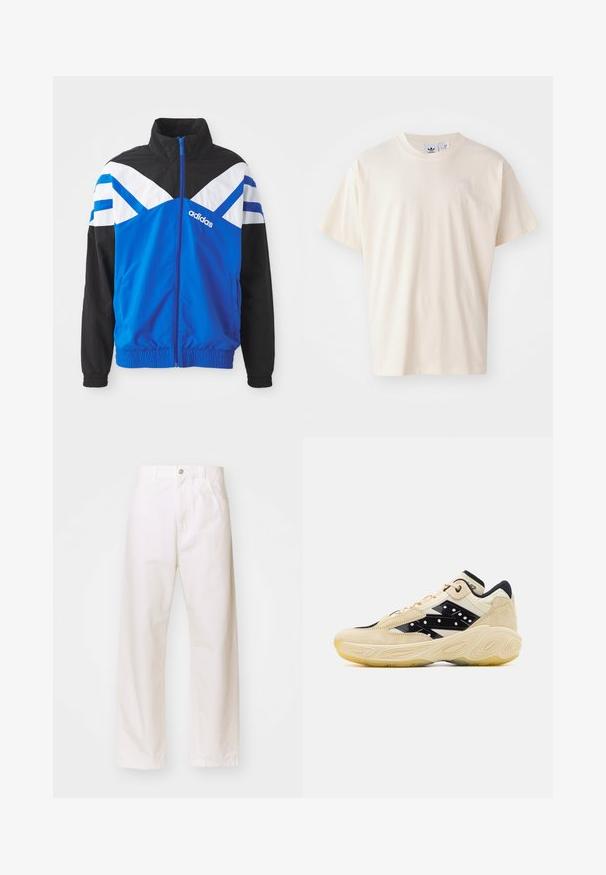 Blå og svart vindjakke med hvitt og blått chevronmønster, glidelåslukking, elastiske ermer og sidelommer. Adidas-logoen vises.; Kremfarget bomullst-skjorte med rund hals og korte ermer; har en liten, lysfarget logo på brystet.; Hvite bomullsbukser med vide ben og knappelukking, med beltehemper og to frontlommer. Glatt tekstur, klassisk design og rett passform.; Beige og svart sneaker med en overdel i semsket skinn, preget av en glatt svart sidepanel med hvite dotter, og en teksturert gummisåle.