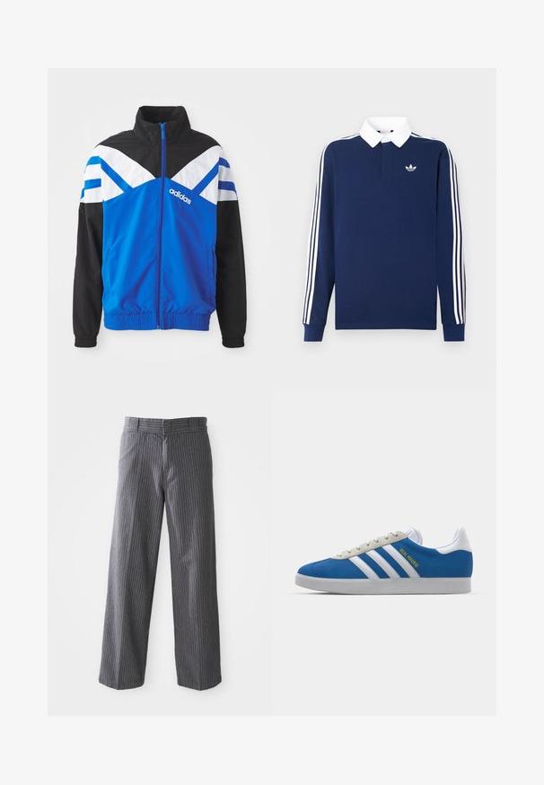 Jachetă de vânt albastră și neagră cu model în zigzag alb și albastru, închidere cu fermoar, mansete elastice și buzunare laterale. Logo-ul Adidas este afișat.; Tricou polo cu mâneci lungi, de culoare bleumarin, din bumbac, cu guler alb, care are trei dungi albe clasice pe mâneci și un mic logo pe piept.; Pantaloni largi gri cu dungi fine, cu bucle pentru curea, față plată și tivuri drepte, prezentati pe un fundal alb.; adidas Originals ADIDAS GAZELLE SHOES - Ghete de fotbal de sală - real madrid/bluebird/footwear white/crew yellow
