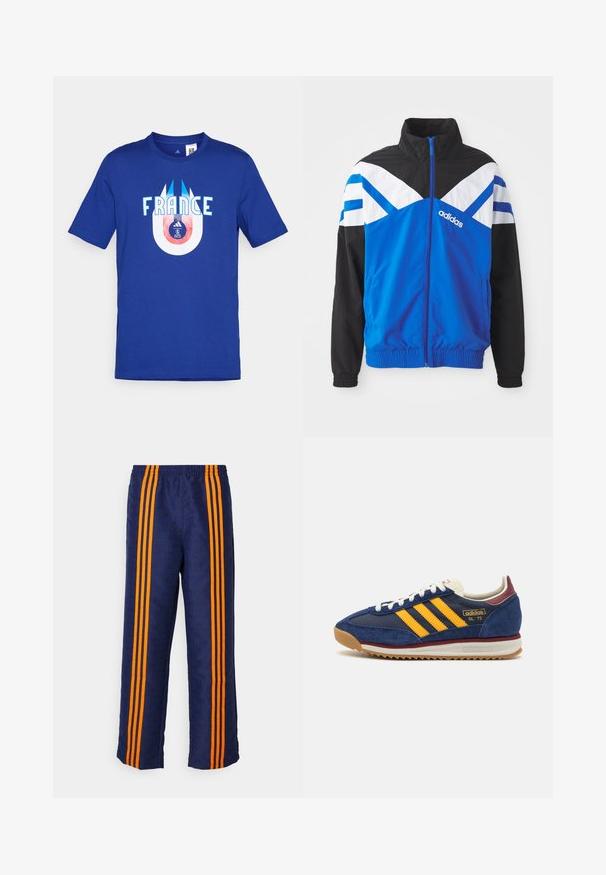 Zila un melna vēja pārsegs ar baltu un zilu zigzaga rakstu, ar rāvējslēdzēja aizdari, elastīgām piedurknēm un sānu kabatām. Adidas logo redzams.; Zils kokvilnas T-krekls ar vārdu "FRANCIJA" baltā krāsā, zem kura ir apļa grafika, kas attēlo futbolu un logotipu sarkanā un zilā krāsā.; Zili zili bikses ar vispārēju rakstu un oranžām svītrām pa sāniem, ar ērtu elastīgu jostasvietu un brīvu piegriezumu.; Jūras spēku zilo zamšveida čību ar dzeltenām svītrām, baltām auklām un bordo akcentiem. Reljefs zole ar rievojumu, lai nodrošinātu saķeri. Zīmola logo sānu daļā.