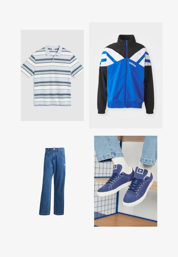 Modra in črna vetrovka s spojeno belo in modro ševron vzorcem, zadrgo, elastičnimi manšetami in stranskimi žepi. Prikazan Adidas logotip.; Svetlo modra polo majica z vodoravnimi črtami v temno modri, mornarski in beli barvi. Ima ovratnik, kratke rokave in majhen logotip na prsih.; Modre visoko pasu široke denim kavbojke z sprednjimi žepi, zankami za pas, gumbom za zapiranje in majhnim logotipom Adidas na desni stegno.; Temno modri Adidas čevlji iz usnja, z belimi gumijastimi podplati, okroglimi prsti in logotipom na jeziku. Svetle bele nogavice so vidne.