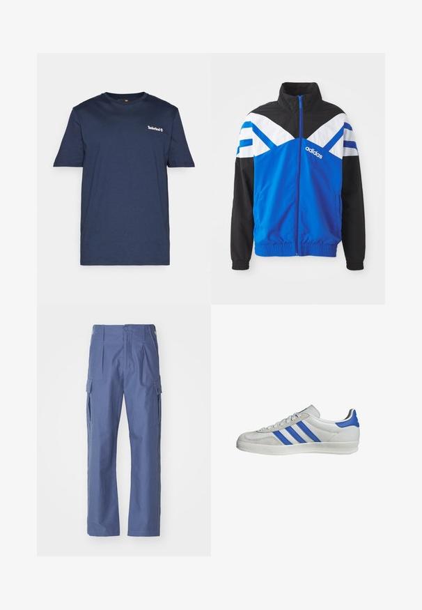 Blaue und schwarze Windbreaker-Jacke mit einem weißen und blauen Chevron-Muster, Reißverschluss, elastischen Bündchen und Seitentaschen. Adidas-Logo angezeigt.; Timberland SMALL LINEAR LOGO PRINT TEE - T-Shirt print - dark sapphire; Blaue Cargo-Hosen aus strukturiertem Material, mit Seitentaschen, einem Knopfverschluss und einem geraden BeinDesign.; Weiße Sneaker mit blauen und grauen Akzenten, ausgestattet mit drei markanten Streifen, Schnürung vorne und einer strukturierten Sohle.