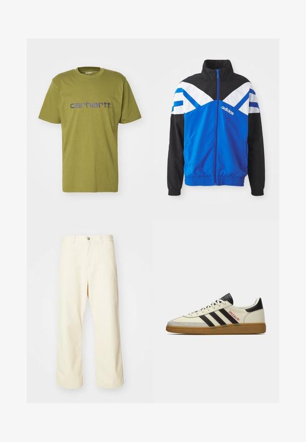 Giacca a vento blu e nera con motivo a chevron bianco e blu, chiusura con zip, polsini elastici e tasche laterali. Logo Adidas visibile.; T-shirt in cotone verde oliva con colletto rotondo e maniche corte, con un logo blu "carhartt." sul petto.; Pantaloni larghi color crema in cotone con chiusura a bottone, passanti per cintura e orlo cucito. Texture liscia, senza motivi visibili.; Sneaker Adidas Spezial crema e nera con suola in gomma, strisce nere, cuciture rosse e marchio "Spezial" sul lato.