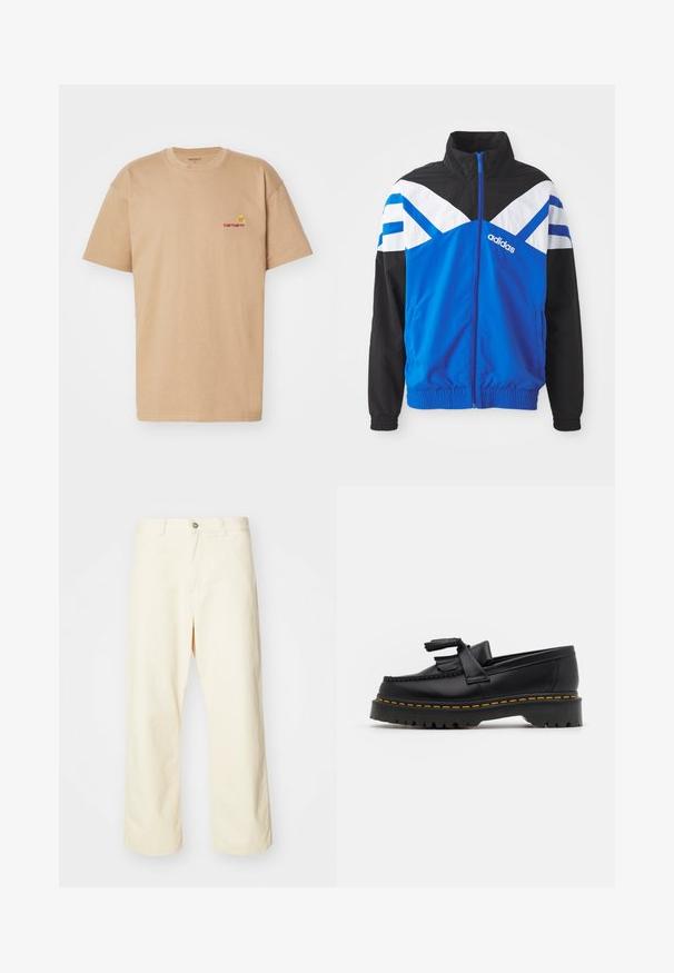 Sininen ja musta tuulipuku takki, jossa on valkoinen ja sininen chevron-kuvio, vetskari suljenta, joustavat hihansuut ja sivutaskut. Adidas-logo esillä.; Beige puuvillapaita lyhyillä hihoilla, pyöreä pääntie ja punainen Carhartt-logon brodeeraus vasemmassa rinnassa. Yksinkertainen, rento istuvuus.; Valkoiset, leveälahkeiset housut, jotka on valmistettu puuvillasta ja joissa on napin suljenta, vyölenkit ja ommeltu helma. Sujuva rakenne, ei näkyviä kuvioita.; Musta nahkakengät, joissa on tupsuakkentti, paksu musta pohja ja keltainen ommel reunassa. Rakeinen pinta.