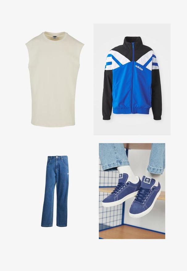 Mėlynas ir juodas vėjui atsparus džemperis su baltos ir mėlynos spalvos zigzago raštu, užtrauktuko uždarymu, elastinėmis rankovėmis ir šoninėmis kišenėmis. Adidas logotipas.; Bežinė be rankovių medvilninė palaidinė su apvaliu kaklu ir suapvalintu sijonu. Glotni tekstūra, minimalistiškas dizainas, be raštų ar dekoracijų.; Mėlynos aukštu liemeniu plačios džinsinės kelnės su priekinėmis kišenėmis, diržo kilpos, sagčių uždarymu ir mažu Adidas logotipu dešinėje šlaunyje.; Tamsiai mėlyni Adidas sportbačiai, pagaminti iš zomšos, su baltais guminais padu, apvaliais pirštais ir logotipo ženkleliu ant liežuvėlio. Matomos ryškiai baltos kojinės.