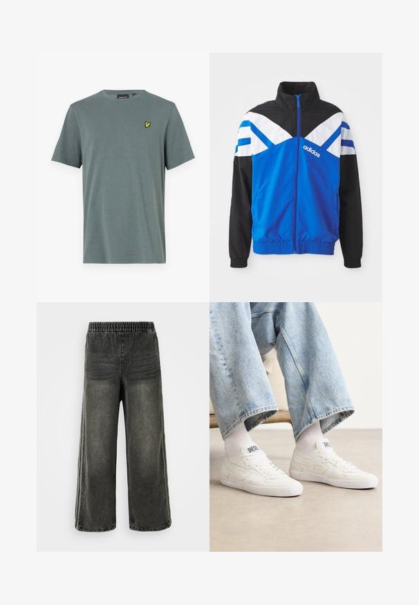 Blå og svart vindjakke med hvitt og blått chevronmønster, glidelåslukking, elastiske ermer og sidelommer. Adidas-logoen vises.; Grå kortermet t-skjorte laget av mykt stoff med en gul brodert logo på venstre bryst. Rund hals med standard passform.; Svarte, vasket denimbukser med elastisk midje og vide ben, med subtile vertikale sømdetaljer på sidene.; Hvite joggesko laget av teksturerte materialer med sømdetaljer, med snøring og en logo på tungen, brukt sammen med denimjeans.