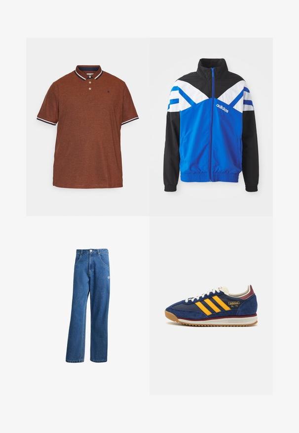 Mėlynas ir juodas vėjui atsparus džemperis su baltos ir mėlynos spalvos zigzago raštu, užtrauktuko uždarymu, elastinėmis rankovėmis ir šoninėmis kišenėmis. Adidas logotipas.; Rudas polo marškinėliai, pagaminti iš tekstūruotos medžiagos, su tamsiai mėlynu apykakle su balta apdaila, trimis mygtukais ir mažuoju logotipu ant krūtinės.; Mėlynos aukštu liemeniu plačios džinsinės kelnės su priekinėmis kišenėmis, diržo kilpos, sagčių uždarymu ir mažu Adidas logotipu dešinėje šlaunyje.; Jūrinis nubuko sportbačių modelis su geltonomis juostelėmis, baltais raišteliais ir bordo akcentais. Su tekstūruota padanga su grioveliais, užtikrinančiais sukibimą. Prekės ženklas ant šono.