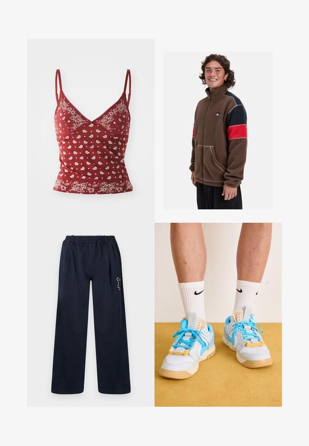 Hnědá fleecová bunda se zipem vpředu, s rukávy v červené a námořnické barvě s barevnými bloky, postranními kapsami a kontrastními stehy.; Červený top bez rukávů s bílým paisley vzorem, nastavitelné ramínka, výstřih do V a vlnkový lem. Vyrobeno z jemné, lehké tkaniny.; Tmavě modré kalhoty se širokými nohavicemi vyrobené z hladké tkaniny. Obsahují elastický pas a jemný vyšitý design na levé nohavici.; Světle modré tenisky s hnědými podešvěmi, které mají výrazné tyrkysové tkaničky a žluté akcenty. Texturované materiály a viditelné vzduchové polstrování.