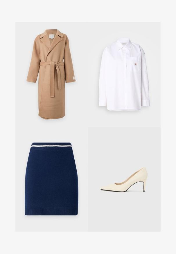 Beige Wollmischung Wickelmantel mit Reverskragen, langen Ärmeln und einem passenden Gürtel. Mit einem seitlichen Schlitz und einem Markenlabel am Ärmel.; Weißes Baumwollhemd mit Knopfleiste, langen Ärmeln, einer Brusttasche und einem kleinen CK-Logo-Patch auf der Tasche. Glatter Stoff und taillierte Passform.; Marineblaue Strickrock mit figurnaher Passform, ausgestattet mit einem gerippten Bund und einem kontrastierenden weißen Streifen. Glatte Textur, knielang.; Weiße Leder-Pumps mit hohen Absätzen, spitz zulaufender Zehenpartie, glatter Textur und schwarzem Sohlenakzent. Klassisches Design mit moderater Absatzhöhe.