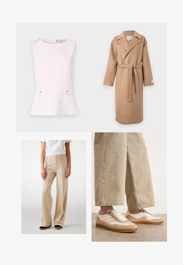 Abrigo envolvente de mezcla de lana beige con cuello de muesca, mangas largas y un cinturón a juego. Presenta una abertura lateral y una etiqueta de marca en la manga.; Guess AMBRE PEPLUM - Top - low key pink; Pantalones de pierna ancha color beige, hechos de una tela suave, con pliegues delanteros y una cintura alta. Combinados con zapatos planos negros y marrones.; Zapatillas en tonos beige y crema con un diseño de ante y malla, que cuentan con un cierre de cordones y suelas de goma, combinadas con unos vaqueros de pierna ancha en color beige.