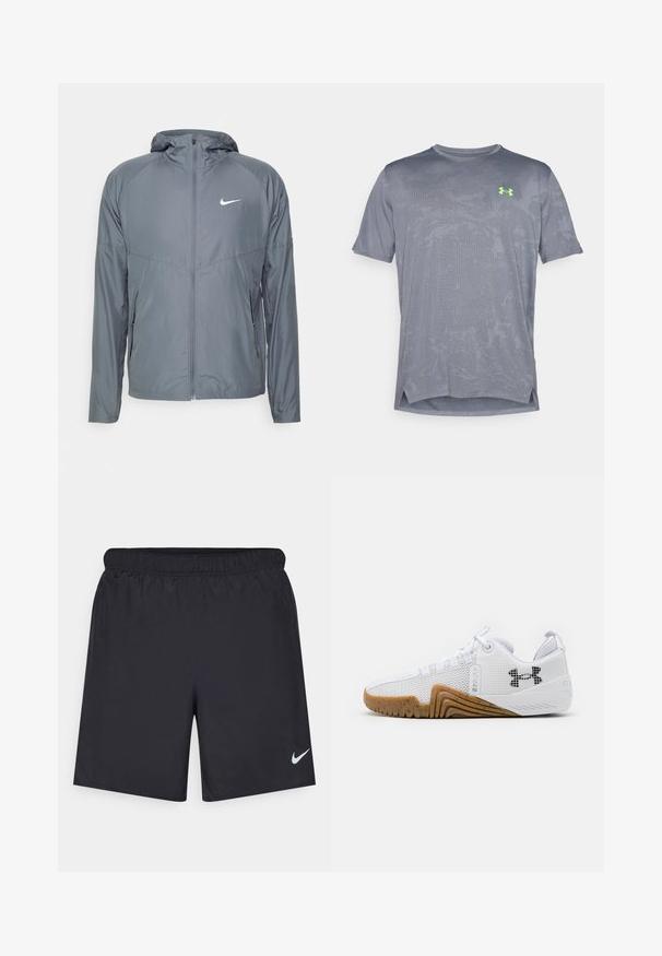 Gray Nike jacket made of lightweight material, featuring a full zipper, hood, and subtle logo on the chest. Smooth texture, tailored fit.; Under Armour VENT - Sports T-shirt - castlerock/hyper green; Black athletic shorts made of lightweight material with an elastic waistband. Features a small white Nike logo on the lower left side.; White athletic shoes featuring a mesh upper, rubber outsole with a gum color, textured accents, and a black logo on the side.