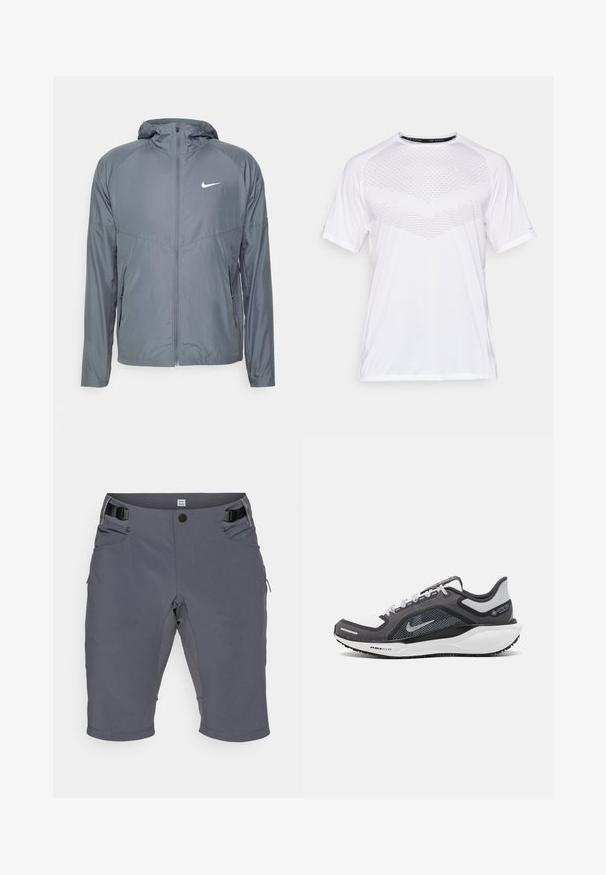 Sivá bunda Nike vyrobená z ľahkého materiálu, s celým zipsom, kapucňou a diskrétnym logom na hrudi. Hladká textúra, prispôsobený strih.; Biele krátke športové tričko s textúrovaným geometrickým vzorom na prednej strane, vyrobené z ľahkého materiálu, s okrúhlym výstrihom a voľným strihom.; Šedé šortky vyrobené z elastického materiálu, s gombíkovým zapínaním, nastaviteľným pásom a viacerými bočnými vreckami. Hladký povrch, dĺžka po kolená.; Čierna a sivá športová obuv s vrchnou časťou z priedušného materiálu, reflexné akcenty a biely medzipodrážka. Obsahuje štruktúrovanú gumovú podrážku a šnúrky.