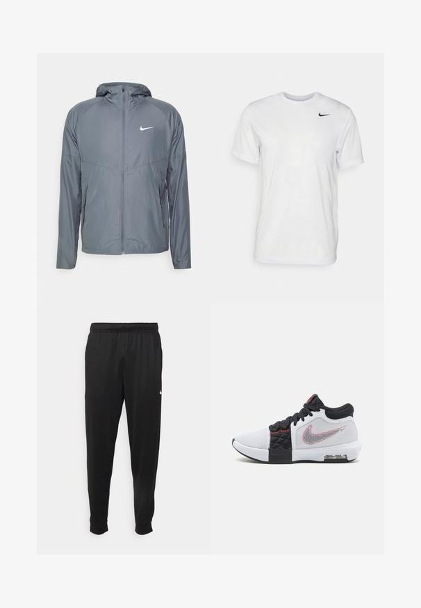 Gray Nike jacket made of lightweight material, featuring a full zipper, hood, and subtle logo on the chest. Smooth texture, tailored fit.; White short-sleeve t-shirt made of smooth fabric. Features a round neck and a small black Nike logo on the left chest.; Black athletic pants made of smooth fabric, featuring an elastic waistband, tapered legs, and a small white logo on the left side.; Nike athletic shoe with a white mesh upper, black accents, red logo, and textured details. Features black laces and visible cushioning in the sole.