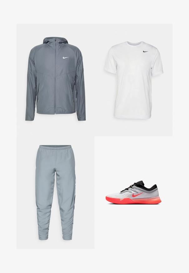 Casaco cinza da Nike feito de material leve, com fecho completo, capuz e um logo discreto no peito. Textura suave, ajuste personalizado.; T-shirt branca de mangas curtas feita de tecido suave. Apresenta um decote redondo e um pequeno logótipo da Nike em preto no lado esquerdo do peito.; Calças atléticas cinza claro com cintura elástica, pernas afuniladas e riscas laterais pretas para um detalhe adicional. Tecido suave e leve.; Sapatilha atlética em branco e preto com sola laranja brilhante e swoosh da Nike, design baixo e textura de aderência na parte frontal da sola.