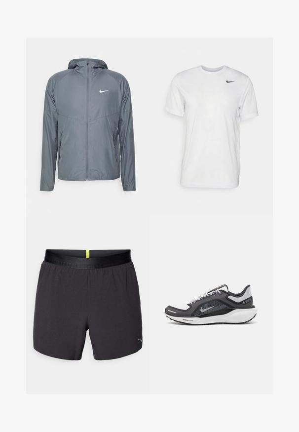 Casaco cinza da Nike feito de material leve, com fecho completo, capuz e um logo discreto no peito. Textura suave, ajuste personalizado.; T-shirt branca de mangas curtas feita de tecido suave. Apresenta um decote redondo e um pequeno logótipo da Nike em preto no lado esquerdo do peito.; Calções atléticos pretos com uma textura suave, uma cintura elástica com um destaque amarelo e um pequeno logótipo no canto inferior direito.; Sapatilha atlética preta e cinza com parte superior em malha, detalhes reflexivos e uma entressola branca. Apresenta uma sola de borracha texturizada e atacadores.