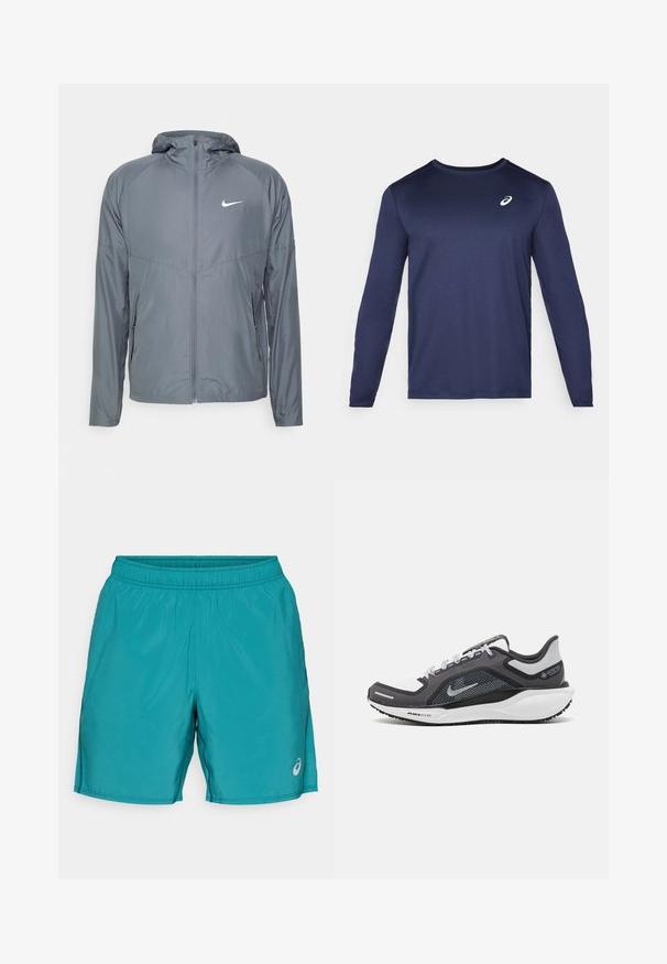 Gray Nike jacket made of lightweight material, featuring a full zipper, hood, and subtle logo on the chest. Smooth texture, tailored fit.; Long-sleeve athletic shirt in navy, made of a smooth fabric. Features a rounded neckline and a small white logo on the chest.; Turquoise athletic shorts with an elastic waistband, side seam pockets, and a reflective logo on the lower right leg. Smooth, lightweight fabric.; Black and gray athletic shoe with a mesh upper, reflective accents, and a white midsole. Features textured rubber outsole and laces.