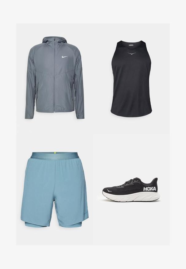 Chaqueta Nike gris hecha de material ligero, con cremallera completa, capucha y un logotipo sutil en el pecho. Textura suave, corte ajustado.; Top atlético sin mangas negro hecho de tela transpirable, con un escote redondo y un acento de logo reflectante en el pecho.; Pantalones cortos deportivos de color azul claro, confeccionados con una tela suave, que cuentan con una cinturilla plana y pantalones interiores integrados, con detalles en amarillo contrastante.; Zapatilla de running negra con parte superior de malla texturizada, entresuela blanca, logo prominente en el talón y suela curvada para mayor amortiguación.