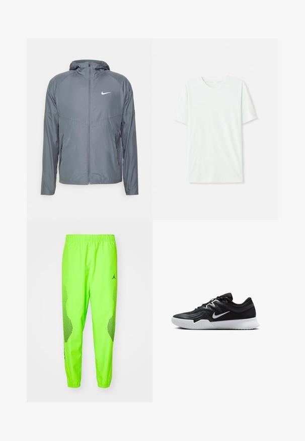 Casaco cinza da Nike feito de material leve, com fecho completo, capuz e um logo discreto no peito. Textura suave, ajuste personalizado.; T-shirt curto de manga curta em verde menta claro, feito de tecido suave. Apresenta um decote redondo e um corte simples e reto, sem adornos.; Calças de jogging atléticas em verde néon com cintura elástica, apresentando o logótipo preto da Jordan e detalhes em padrão pontilhado nas laterais.; Sapatilha atlética preta com um cabedal texturizado, swoosh branco da Nike e uma sola de borracha branca. Apresenta um design com atacadores e uma forma dinâmica.
