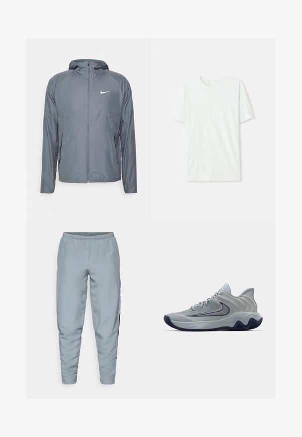 Grijze Nike-jack van lichtgewicht materiaal, met een volledige ritssluiting, capuchon en subtiele logo op de borst. Soepele textuur, op maat gemaakte pasvorm.; Licht mintgroen T-shirt met korte mouwen, gemaakt van zachte stof. Het heeft een ronde halslijn en een simpele, rechte snit zonder versieringen.; Lichtgrijze sportbroek met elastische tailleband, taps toelopende pijpen en zwarte zijstrepen voor extra detail. Glad, lichtgewicht materiaal.; Grijze sportschoen met een gestructureerde bovenkant, geometrische accenten, gewatteerde kraag en een rubberen zool met een golvend ontwerp. Nike-logo zichtbaar.