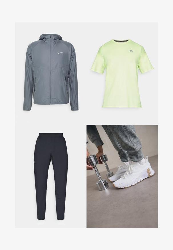 Jachetă Nike gri, dintr-un material ușor, cu fermoar complet, glugă și logo subtil pe piept. Textură netedă, croială ajustată.; Tricou athletic cu mânecă scurtă, de culoare verde neon deschis, având un decolteu rotund și un logo subtil într-o nuanță mai închisă pe piept. Textura țesăturii este netedă.; Pantaloni sportivi negri cu o textură fină, croială slim, talie elastică și buzunare laterale. Prezentă un mic logo pe coapsa stângă.; Adidași albi cu un sus texturat, talpă din cauciuc plat și accente de culoare maro deschis. Haltere argintii în prim-plan. Pantaloni de trening gri vizibili.