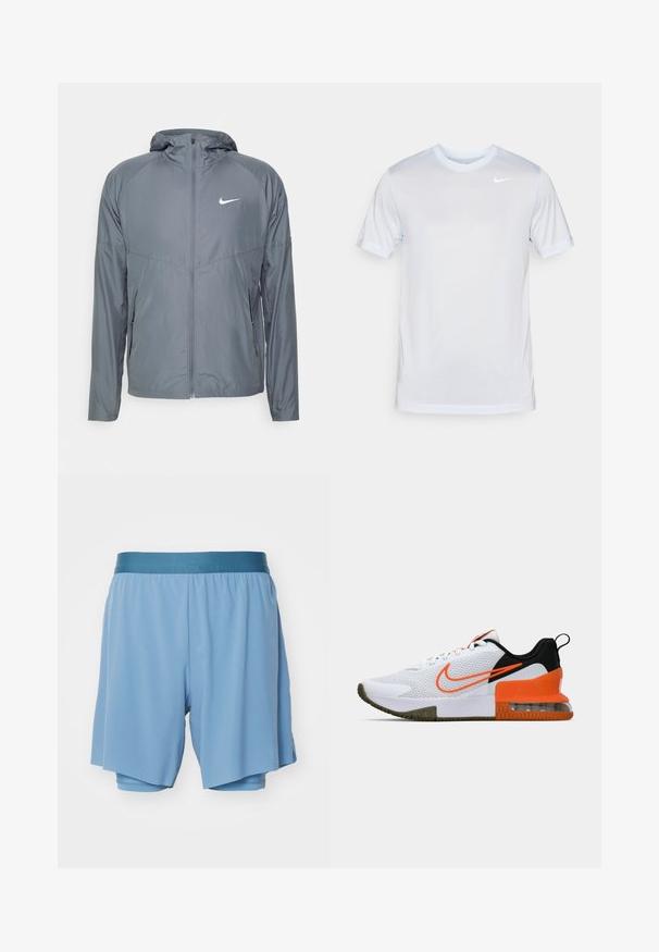 Harmaa Nike-takki, joka on valmistettu kevyestä materiaalista. Takissa on täyspitkä vetoketju, huppu ja hillitty logo rinnassa. Sileä pinta ja muotoilultaan sopiva malli.; Nike Performance TEE NEW VENEER - Tekninen t-paita - football grey/pure/white; HOKA GLIDE SHORT - 2-in-1-shortsit - shadow; Valkoinen urheilukenkä, jossa on ristikkopintainen yläosa, mustia ja oransseja yksityiskohtia, paksu kumipohja ja selkeä ilmatyynyosa kantapäässä.