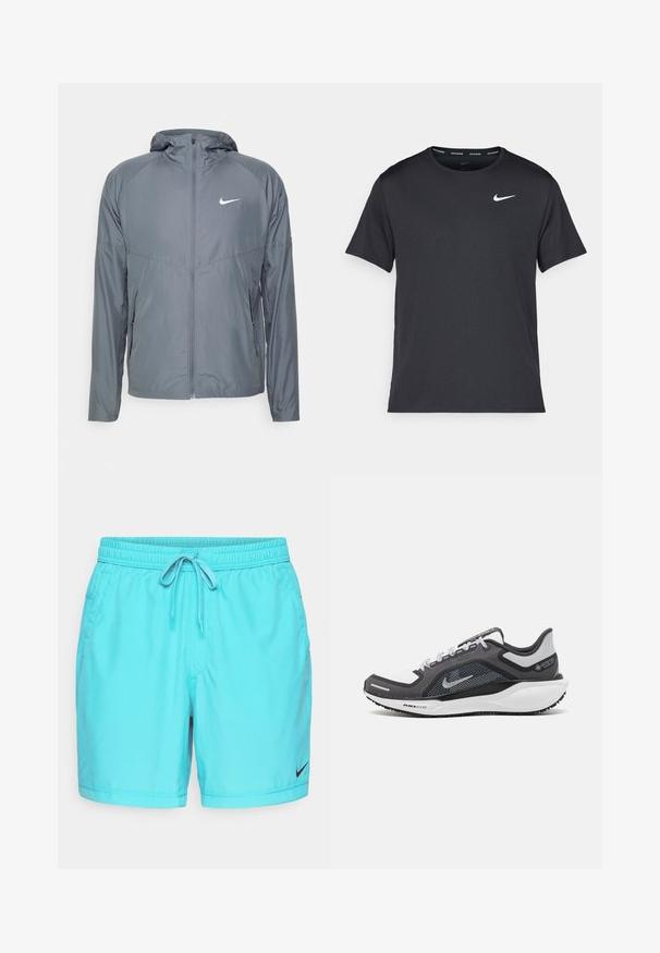 Pilkas Nike džemperis, pagamintas iš lengvo audinio, su pilnu užtrauktuku, gobtuvu ir subtiliu logotipu ant krūtinės. Lygi tekstūra, pritaikytas fasonas.; Juodas Nike bėgimo marškinėlis, pagamintas iš lengvos, kvėpuojančios medžiagos, turintis trumpas rankoves ir mažą baltą logotipą ant krūtinės.; Šviesiai mėlynos Nike maudymosi šortai su elastingu juosmeniu, reguliuojamu raišteliu, šoninėmis kišenėmis ir mažu juodu logotipu kairėje šlaunyje.; Juodas ir pilkas sportinis batelis su tinkleliu viršuje, atspindinčiais akcentais ir balta vidurinė dalimi. Yra tekstūruota guminė išorinė pada ir raišteliai.