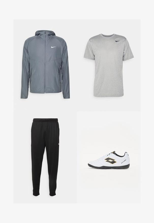 Szürke Nike dzseki könnyű anyagból, teljes hosszúságú cipzárral, kapucnival és diszkrét logóval a mellkason. Simogató tapintás, testhezálló fazon.; Szürke, rövid ujjú póló sima anyagból, fekete Nike logóval a bal vállnál és klasszikus kerek nyakkivágással.; Fekete sportos nadrág sima anyagból, rugalmas derékkal, szűkülő lábakkal és egy kis fehér logóval a bal oldalon.; Fehér sportcipő fekete és sárga kiegészítőkkel, textúrázott felsőrésszel, kerek orral és fekete gumitalppal. A dizájn tartalmaz egy logó részletet az oldalon.