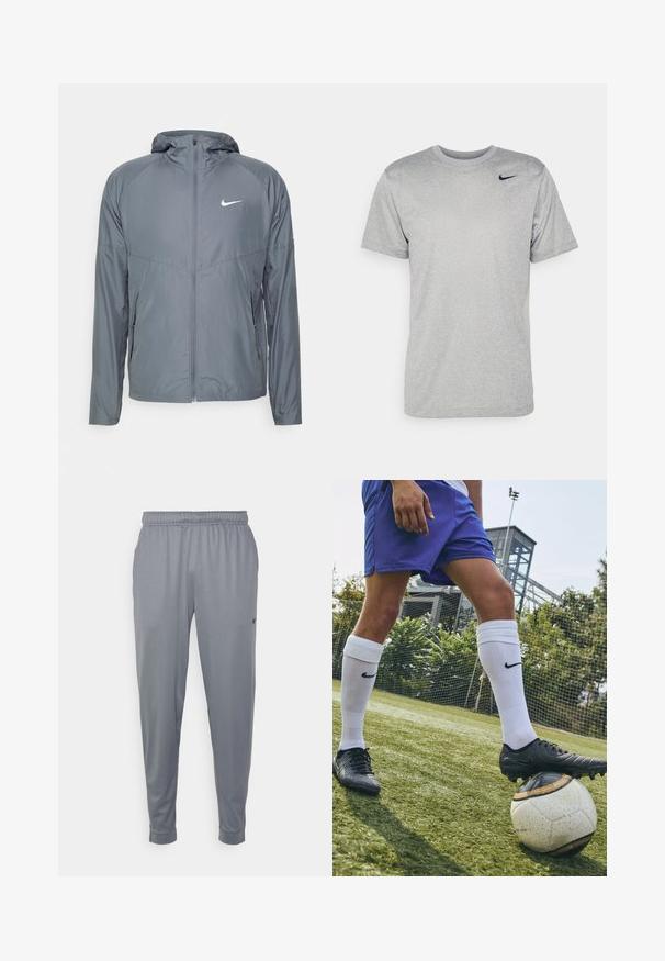 Siva Nike jakna napravljena od laganog materijala, sa punim zatvaračem, kapuljačom i suptilnim logotipom na prsima. Glatka tekstura, prilagođeni kroj.; Siva majica s kratkim rukavima od glatkog materijala, s crnim Nike logotipom na lijevom ramenu i klasičnim okruglim izrezom.; Sive dolotske hlače izrađene od lagane tkanine, s elastičnim pojasom, sužavajućim nogavicama i malim logotipom sa strane.; Crne Nike nogometne kopačke odložene na klasičnu bijelu loptu s crnim akcentima, nošene s plavim šortsem i bijelim čarapama do koljena na travi.