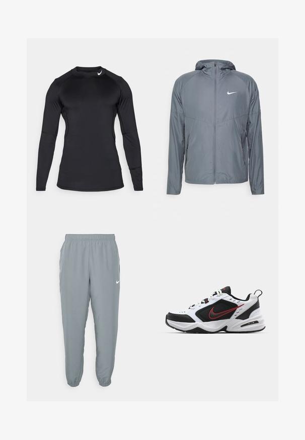Grå Nike-jakke laget av lett materiale, med full glidelås, hette og subtil logo på brystet. Glatt tekstur, tilpasset passform.; Svart langermet treningstrøye laget av glatte, elastiske stoffer med rund hals og diskret logo på øvre venstre side.; Lysegrå joggebukser med elastisk midje, sidelommer og avsmalnende cuff. Har en liten hvit Nike-logo. Jevn tekstur.; Hvit og svart treningssko med røde detaljer, mesh- og syntetisk materiale, rund tå, tykk såle og fremtredende merkevare på siden.
