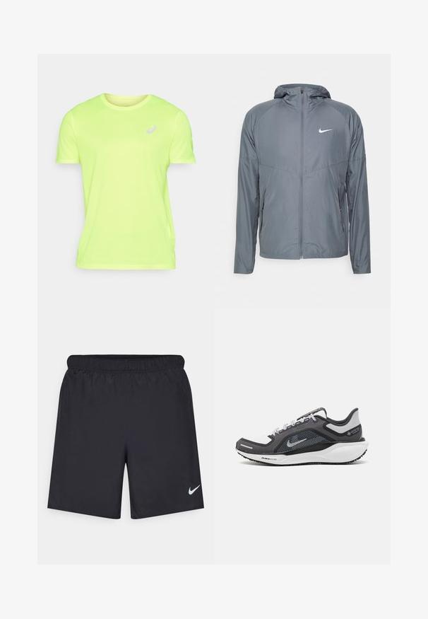Sivá bunda Nike vyrobená z ľahkého materiálu, s celým zipsom, kapucňou a diskrétnym logom na hrudi. Hladká textúra, prispôsobený strih.; ASICS CORE TOP - Športové tričko - safety yellow; Čierne atletické šortky z ľahkého materiálu s elastickým pásom. Na dolnej ľavej strane majú malé biele logo Nike.; Čierna a sivá športová obuv s vrchnou časťou z priedušného materiálu, reflexné akcenty a biely medzipodrážka. Obsahuje štruktúrovanú gumovú podrážku a šnúrky.