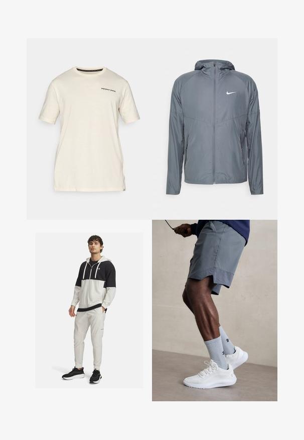 Hallukas halli Nike'i jakk, mis on valmistatud kergest materjalist, täispidise tõmbluku, kapuutsi ja õrnalt särava logoga rinnal. Sile tekstuur, mugav lõige.; Kreemivärviline puuvillane lühikeste varrukatega T-särk. Ees vasakul rinnal on väike must logo ja ümardatud kaelus.; Mustaga ja valget värvi kapuutsiga spordijope, millel on taskud ja tõmblukk; sobitatud valgete joggeritega, millel on taskud ja elastsed mansetid; mustad spordijalatsid.; Valged spordijalatsid tekstuurse võrguga pealispinnaga, millele on lisatud helesinised ribakujulised sokid logoga. Hallid spordilühikesed püksid, millel on perforeeritud ääred.