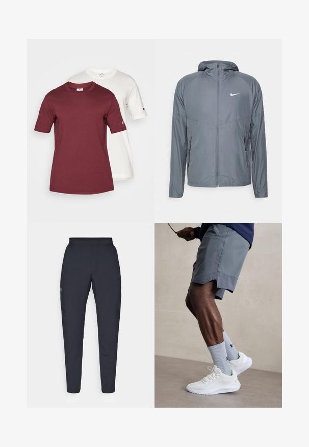 Grå Nike jakke lavet af letvægtsmateriale, med fuld lynlås, hætte og diskret logo på brystet. Glat tekstur, skræddersyet pasform.; To korteærmede T-shirts stablet; én bordeaux og én hvid. Begge er lavet af bomuld og har rund hals og logo på ærmet.; Sorte atletiske bukser med en glat overflade, tætsiddende pasform, elastisk talje og sidelommer. Indeholder et lille logo på venstre lår.; Hvide sportsko med tekstureret mesh-overdel, parret med lyseblå ribbede sokker med et logo. Grå sports shorts med perforeret kant.