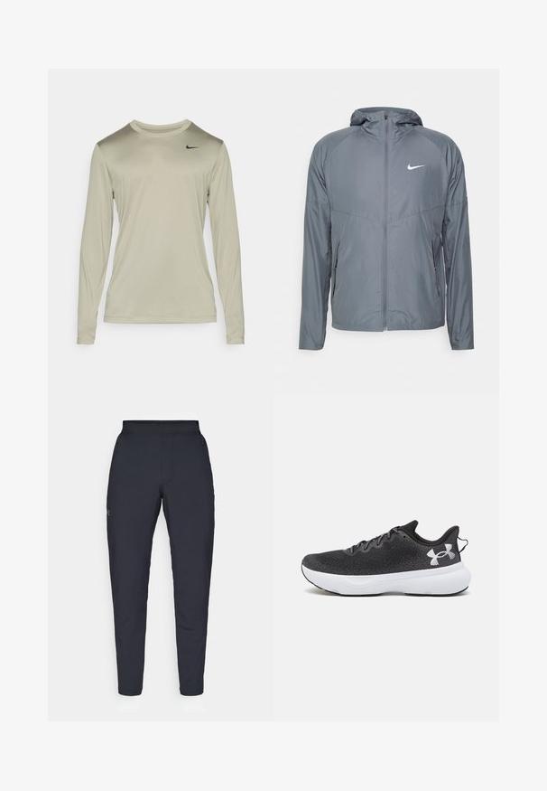 Szara kurtka Nike wykonana z lekkiego materiału, z pełnym zapięciem na zamek, kapturem i subtelnym logo na piersi. Gładka faktura, dopasowany krój.; Koszulka sportowa z długim rękawem w jasnobeżowym kolorze. Posiada okrągły dekolt oraz małe czarne logo Nike na górnej lewej części klatki piersiowej. Gładka struktura.; Czarne spodnie sportowe o gładkiej fakturze, dopasowanym kroju, elastycznej talii i bocznych kieszeniach. Posiadają małe logo na lewym udzie.; Czarne buty treningowe z teksturowanym siateczkowym cholewką, białą amortyzującą podeszwą i czarnymi sznurowadłami, z wyraźnym białym logo na pięcie.