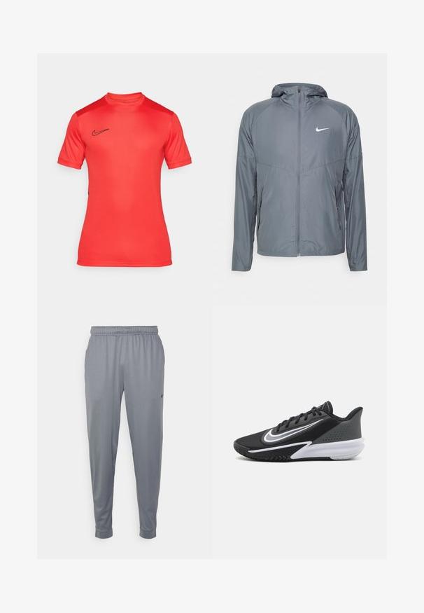 Siva Nike jakna iz lahkega materiala, z celotnim zadrgo, kapuco in subtilnim logotipom na prsih. Gladka tekstura, prilegajoč kroj.; Rdeča Nike športna majica s kratkimi rokavi, okroglo ovratnikom in črnim logotipom na prsih. Narejena iz gladkega, elastičnega materiala.; Sive športne hlače iz lahkega materiala, z elastičnim pasom, zoženimi nogavicami in majhnim logotipom ob strani.; Črne atletske čevlje z teksturirano zgornjico, belimi poudarki in oblazinjeno podplatom; imajo aerodinamičen dizajn in opazen vzorec za oprijem.