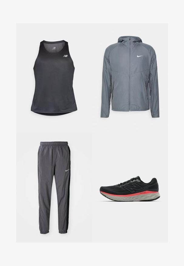 Grå Nike-jakke laget av lett materiale, med full glidelås, hette og subtil logo på brystet. Glatt tekstur, tilpasset passform.; Svart treningstopp i fukttransporterende stoff, med rund hals og subtil ribbestruktur, og med en hvit logo på brystet.; Nike treningbukser laget av lett materiale, i mørkegrått med svarte sidestykker. Har elastisk midje og reflekterende logo.; Svarte joggesko med mesh-overdel, accentuert av en rosa mellomsålestripe og grå yttersåle. Har teksturerte detaljer og et fleksibelt såledesign.