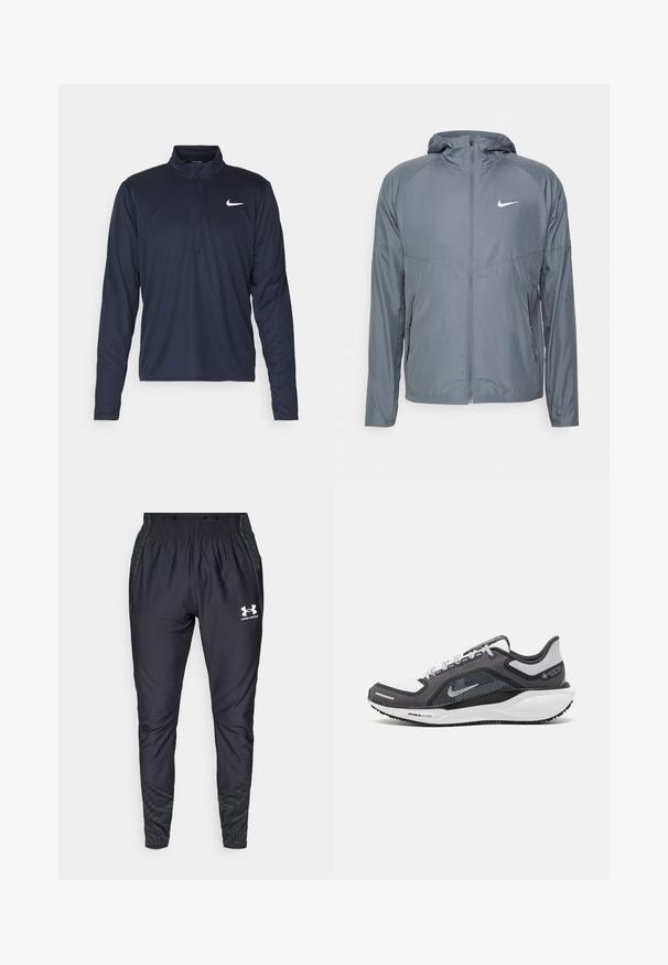 Graue Nike-Jacke aus leichtem Material, mit durchgehendem Reißverschluss, Kapuze und dezentem Logo auf der Brust. Glatte Textur, taillierte Passform.; Nike Performance PACER TOP - Langarmshirt - obsidian/silver; Under Armour PRO PANT - Jogginghose - black/white; Schwarzer und grauer Sportschuh mit einem Mesh-Obermaterial, reflektierenden Akzenten und einer weißen Zwischensohle. Verfügt über eine strukturierte Gummisohle und Schnürsenkel.