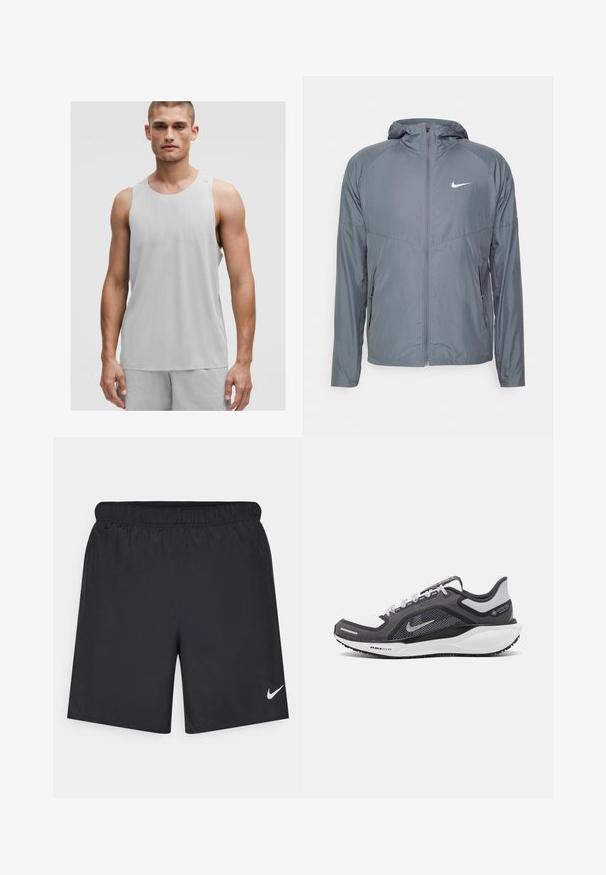 Grå Nike jakke lavet af letvægtsmateriale, med fuld lynlås, hætte og diskret logo på brystet. Glat tekstur, skræddersyet pasform.; Lys grå atletisk tanktop med rund halsudskæring og ærmeløs design, lavet af et åndbart materiale med subtile teksturdetaljer.; Sorte atletiske shorts lavet af letvægtsmateriale med en elastisk talje. Har et lille hvidt Nike-logo i nederste venstre hjørne.; Sort og grå atletisk sko med en mesh-overdel, reflekterende detaljer og en hvid mellemsål. Har en tekstureret gummisål og snørebånd.